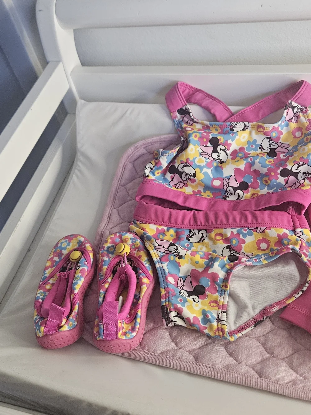 Girls' Pink Minnie Mouse Floral One-Piece Swimsuit with Matching Shoes